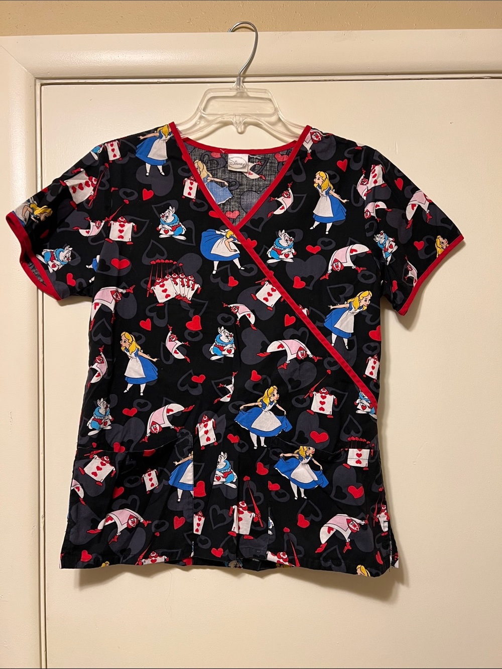Alice in Wonderland Print Scrub Top - Black & Red Trim XS